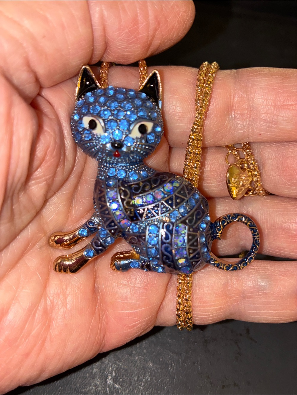 Blue Crystal Cat Pendant Necklace with Gold Accents
